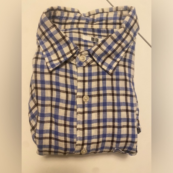 Uniqlo linen Button Down Black & Blue Plaid Medium - Picture 4 of 5